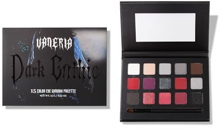VANERIA 15-Farben Rauchige Augen Make-up Palette,Schwarze-Graue-Rote-Blau Gothics Stil Lidschatten,Mit Matt,Glitzer und Metallic,Lang anhaltend & Wasserdicht,für Halloween Parteien Joker Vampir
