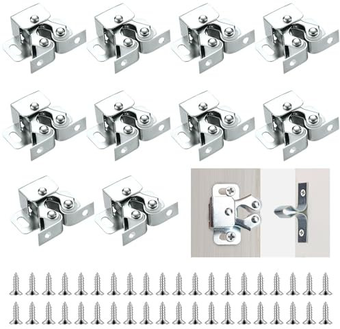 10 PCS Double Roller Catch Cupboard Cabinet Door Latch, Twin Roller Closet Catches Door Latch with 40 Screws Strong Hold Cupboard Cabinet for Wardrobe Furniture