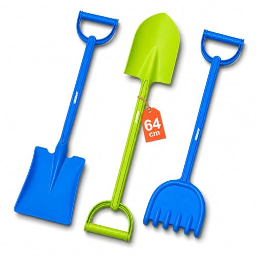alldoro XXL Sandspielzeuge Set für Kinder, 2 Schaufeln & 1 Harke, je 64 cm | Sandkasten-Zubehör, Strandspielzeug, Robustes extra großes Spielzeug für kleine Baumeister ab 18 Monaten