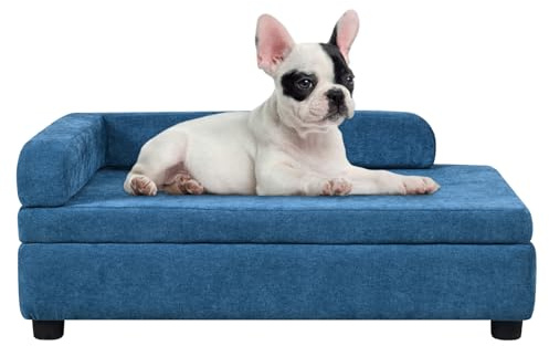 DGBAOBEI Pet Sofa with Hidden Storage for Puppy and Cat,Linen Fabric Dog Sofa,Cat Couch with Wooden Frame (Blue)