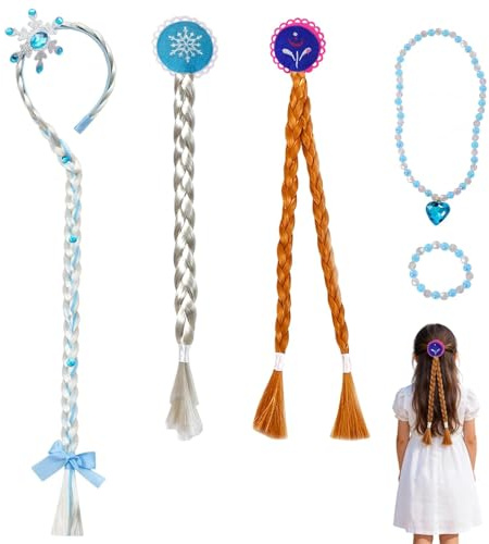 Gykutix 5-teiliges Mädchen Perücken Haarteil Haarsträhnen Kinder für Elsa Zopf Haarreif Geflochtene Kunsthaar Langhaar Perücke Zopf Haarschmuck für Elsa Perücke Kinder Prinzessin Kostüme Zubehör