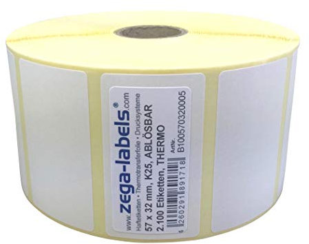 zega-labels Thermo Etiketten auf Rolle - 57 x 32 mm - 2.100 Stück je Rolle - Kern: 25 mm - wieder ablösbar - Thermodirekt (Drucken ohne Farbband)