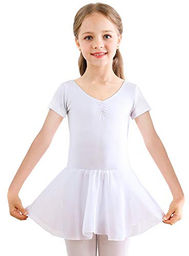 Kinder Ballettkleidung Mädchen Ballettkleid Kurzarm Langarm Balletttrikot Ballettanzug Tanzkleid Tanzbody aus Baumwolle mit Chiffon Rock Tütü (140, Weiß Kurzarm)