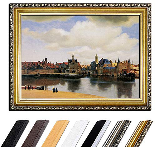 Bild mit Rahmen - Jan Vermeer Ansicht von Delft 80x60 cm - Gerahmtes Leinwandbild Alte Meister - Antiker Rahmen Gold Barock, Klassisch