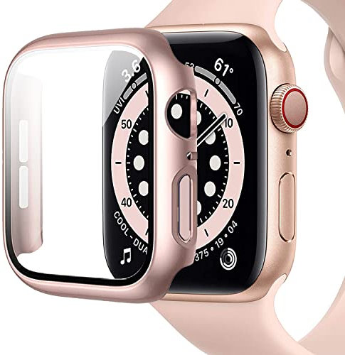 Miimall Compatible con Apple Watch Series 6/SE/5/4 40mm Funda con Protector de Pantalla Cristal Templado, Brillante PC Cover Anti-Rasguños Anti-Caída para iWatch 40mm - Rosa Oro