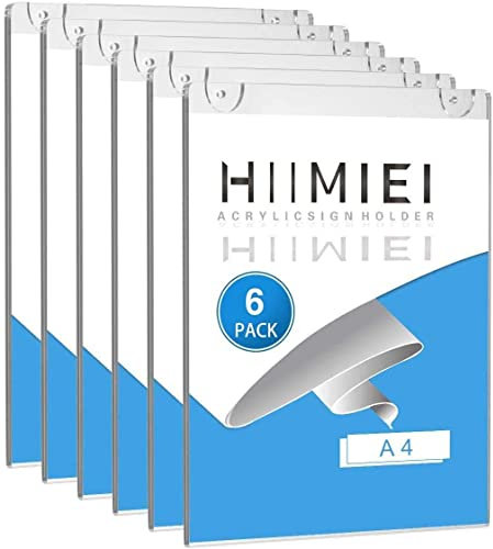 HIIMEI Lot de 6 supports muraux en acrylique A4, cadres publicitaires transparents pour papiers, bonus avec ruban adhésif 3M et vis de montage