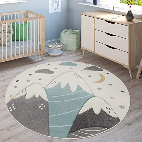 Paco Home Teppich Kinderzimmer Kinderteppich Spielteppich Junge Mädchen 3D Optik Modern Pastell Berge Wolken Sterne, Grösse:200 cm Rund