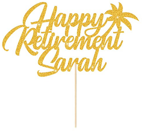 Personalised Retirement Cake Topper Happy Retirement Cake Toppers for Man Woman Retirement Gifts 11 Colours Customised Retirement Cake Decorations with Any Name Double Sided Glitter (Gold)