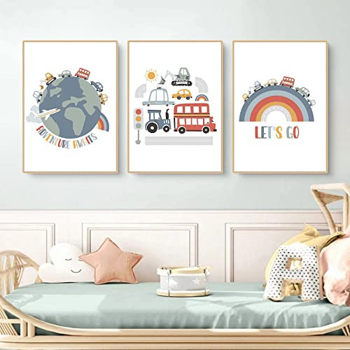 CULASIGN 3er Set Poster für Kinderzimmer, DIN A4 Bilder für Jungen & Mädchen, Autos Straßen Wandbilder Fahrzeuge Kinderposter für Schlafzimmer Babyzimmer Wandeko, Ohne Rahmen (ABC,21x30cm)