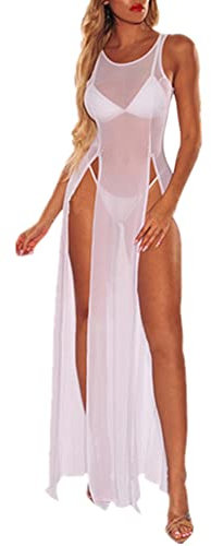 Women Summer Beach Bikini Cover Up, Mesh Swimwear Skirt Tops, Sheer Swimsuit Scoop Neck Tank Maxi Dress Chiffon Beachwear Coverup See Through Blouse Loungewear for Ladies Bodycon Clubwear Sundress