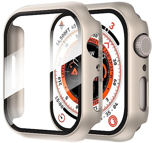 Diruite 2 Piezas Funda para Apple Watch Series 9/8/7 41mm Protector Pantalla Cristal Templado Incorporado HD Protección Completa PC Dura Estuche Case,Acero Titanio,41mm