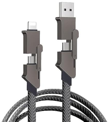 Aiivioll Câble de charge 4 en 1 100 W [Charge rapide et synchronisation des données] Câble plat tressé avec port Type-C/USB-A pour Galaxy S21 A13, téléphone 14 Pro/14 (1 m)/gris foncé