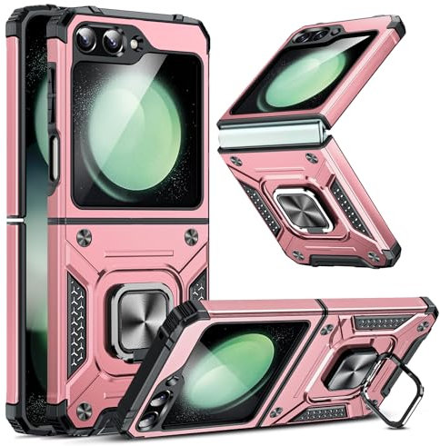 LeYi Cover per Samsung Z Flip5 con Anello Supporto, Custodia Armour TPU Bumper Antiurto Case Cover per Telefono Samsung Galaxy Z Flip 5 5G, Rosa
