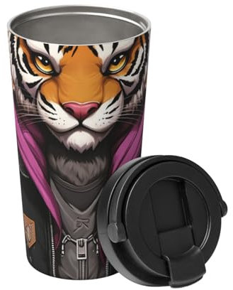 KHiry Insulated Coffee Mug with Lid Tiger in Leather Jacket Travel Mug Stainless Steel Tumbler Cup for Travel Double-Wall Coffee Cup for Office Coffee Tumbler Cup for Keep Hot/Ice Coffee Tea and Beer