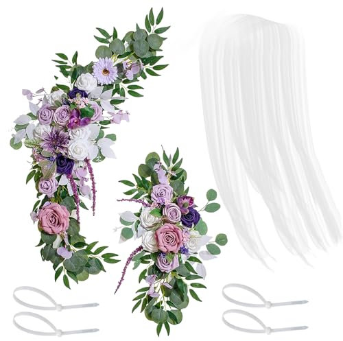 Set di 3 Kit di Fiori per Arco Nuziale, Romantico Festone di Fiori di Rosa Artificiale con Tessuto Drappeggiato per lo Sfondo del Ricevimento di Nozze, Cartello di Benvenuto per la Cerimonia(Viola)