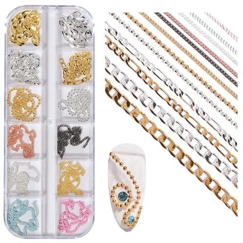 NICENEEDED 12 Strips Metal Nail Art Chains, Nail Jewelry Chains with Box, Alloy Nail Chains Punk Nail Charms Nail Ornament Chain Nail Jewels Nail Art Studs for Nail Salon