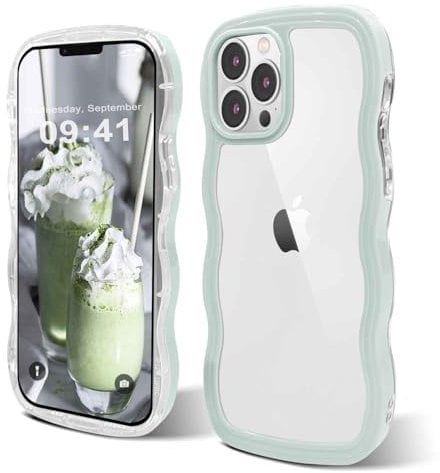 ORDA case for iPhone 15 Pro case Cute Wave Frame Curly Shape for iPhone 15 Pro Phone case Shockproof Hard PC Phone Cover for Women and Girls Compatible for 6.1 inchs Mint Green