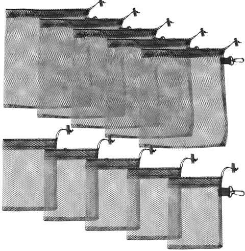 10 Stück Netztasche Strand, Netzbeutel mit Kordelzug, Beutel mit Haken, Mesh Tasche zur Aufbewahrung, Mesh Bag zur Spielzeugaufbewahrung, 10 Große und Kleine Kombi-Netzbeutel