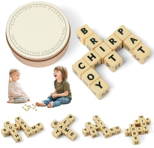 Vicloon Gioco di Dadi Solitario del Cruciverba, Giochi di Ortografia 'alfabeto, Scarabeo da Viaggio con Custodia, Gioco di Apprendimento Educativo per Famiglie, Confezione in Scatola di Ferro