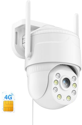 KKB Camara de Vigilancia 4G LTE con Tarjeta SIM y Grabación 24/7, Sin WiFi, Cámara de Seguridad Exterior con Cable, Detección IA, Visión Nocturna 2K, PTZ 360° y Audio Bidireccional, IP65 (Blanco)