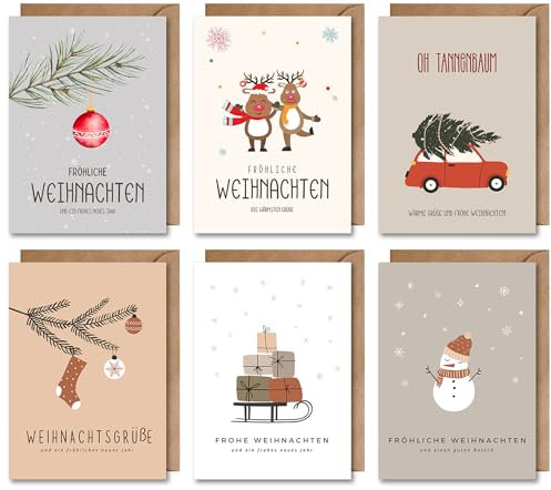 Weihnachtskarten Set – 6er Set Klappkarten „Fröhliche Weihnachten“ mit Umschlägen – Moderne Weihnachtsgrußkarten für Familie, Freunde & Kollegen – Winterlich illustriert (DIN A6)