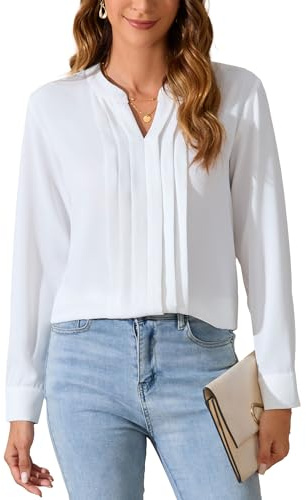 SPRING SEAON Womens Blouse Button Down Long Sleeve Satin Shirts Collared V Neck Elegant Blouses Casual Going Out Tops Office Work for Ladies White
