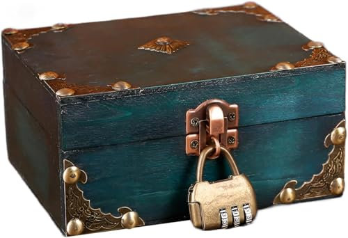 Ruikcoll Coffre au trésor vintage en bois - Avec serrure à combinaison - Vert - Style vintage - Pour ranger et décorer des cadeaux