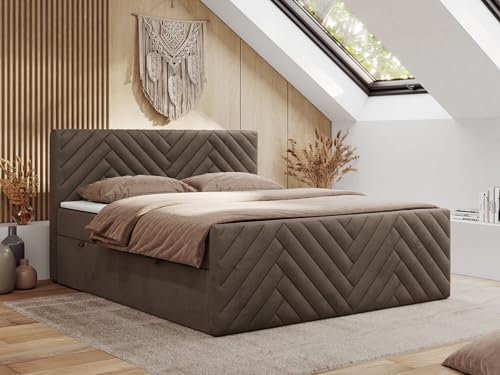 MKS MEBLE Boxspringbett 200x200 mit Bettkasten Matratze H4 - Paris Duo - Braun Velvet