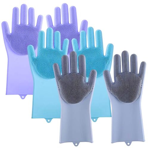 Gants de lave-vaisselle en silicone 3 paires Gants de vaisselle anti-calde non glissant pour les femmes avec des broussailles palmier et un trou soie dezaine gourmures en caoutchouc pour les