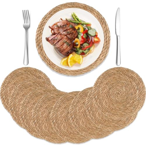 Exquilnova Round Table Mats Set of 8,Handmade Woven Placemats,Natural Cattail Place Mats for Table,Outdoor Placemats for Family Dinner,Holiday Dining,Wedding Decor,Celebration Decor (8)