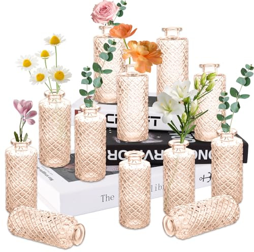 AKOLAFE 12 Stück Kleine Vasen für Tischdeko Kleine Glasvasen Höhe von 13 cm Vase Klein Set Bernstein Vintage Mini Vasen Glas für Home Decor, Hochzeit Mittelstücke, Tischdekoration, Blumenarrangements