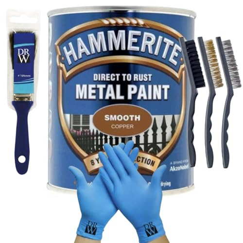 DRW Hammerite Direct to Rust Metal Paint Smooth Copper 250ml 1 Paint Brush, 3 Wire Brush Set & Free Nitrile Gloves | Durable Rust Protection for Indoor & Outdoor Metal