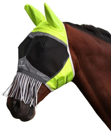 Shires Flyguard Pro Hi-Viz Fine Mesh Horse Fly Mask with Ears and Nose Fringe - Yellow Full