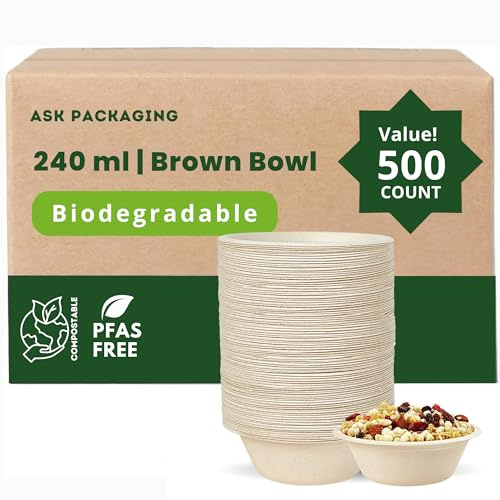 500 Pack Strong Paper Bowls 240ml – Small Disposable Bowls for Parties | 4.5x1.77 in, Biodegradable & Microwavable Bagasse Dessert Bowls, 100% Compostable & Heavy Duty, Ideal for Cereals, Milk