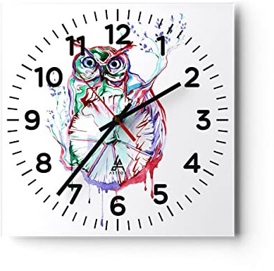 Modern Wanduhr Eule intelligent Geschöpf Kinder 40x40cm Quadrat Groß Wand Uhr Glas Analog Zimmeruhren Küche Büro Wohnzimmer Glasuhr Wall Clock Dekoration Design Wanddekoration Küchenuhr C4AC40x40-2984