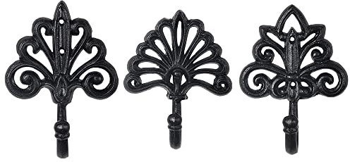 Sungmor Cast Iron Bohemian Wall Hooks, 3PC Black Heavy Duty Wall Mounted Hangers, Unique French Country Style Farmhouse Wall Decor for Coats, Scarfs, Bags, Towels