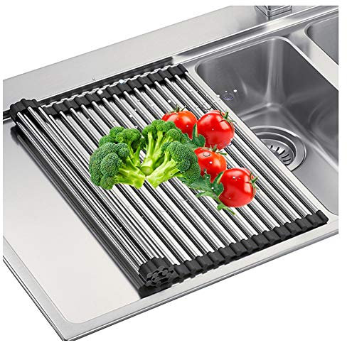 WMWJDQ Mehrfunktion Trocknungsgeschirrkorb Küche Organisatore,304 Edelstahl Abtropfgestell,Abtropfgitter Faltbare Rollbares Abtropf-Auflage,Black,44x33cm