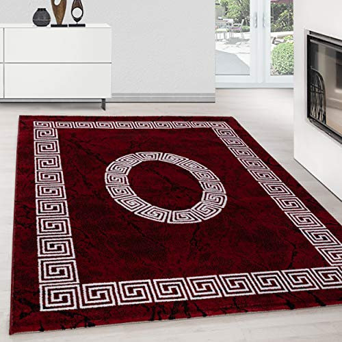 Teppium Moderner Kurzflor Teppich Wohnzimmer 200x300 (200 x 290 cm) Rot - Flauschiger Teppich Waschbar, Mäander-Design, Pflegeleicht, Weich - Ideal für Schlafzimmer, Esszimer und als Küchenteppich