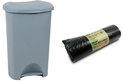 Addis Eco Made from 100% Plastic Family Kitchen Pedal Bin, 50 Litre, Light Grey Recycled + 20x Liners