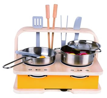 Classic World Spielküche Holz für Kinder ab 3 Jahre | Kinderküche Holz | Kinderküche klein 2 in 1 | Küchenset mit Kinder Grill | Zubehör Kinderküche | Kochgeschirr