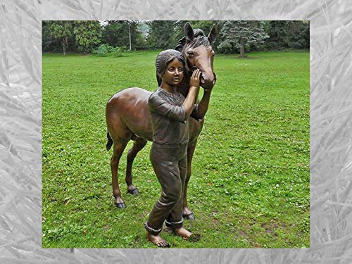 IDYL Bronze-Skulptur Mädchen mit Pony | 125x49x120 cm | Kinderfigur aus Bronze handgefertigt | Gartenskulptur oder Teich-Dekoration | Hochwertiges Kunsthandwerk | Wetterfest
