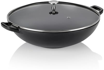 kela Wok Calido, Durchmesser 36 cm, 4 L, Gusseisen, schwarz, Allherdboden, rau emailliert, Glasdeckel mit Edelstahlgriff, 12475