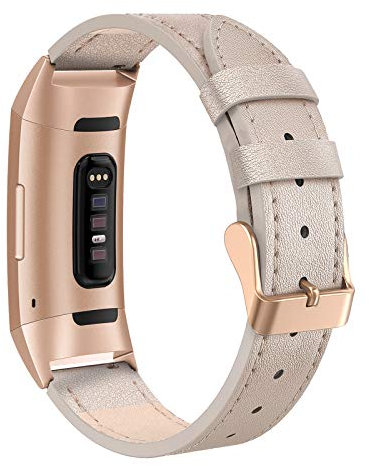 Tuocal Echtlederarmband kompatibel mit Fitbit Charge 3 Armband/Fitbit Charge 4 Armband, verstellbares Lederarmband für Fitbit Charge 3 / Fitbit Charge 4 Aktivitäts Tracker Damen Herren, Champagner