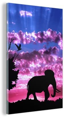 MuchoWow Glasbild Glasfoto Wandbild Bilder Deko 100x150 cm Elefant - Vogel - Lila - Rosa