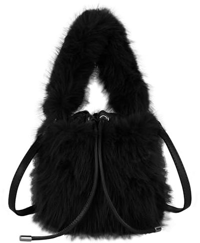 MEGAUK Damen Herbst Winter Beuteltasche Bucket Bag Kunstpelz Handtasche Flauschig Umhängetasche Plüsch Schultertasche mit Kordelzug für Mädchen (Schwarz)