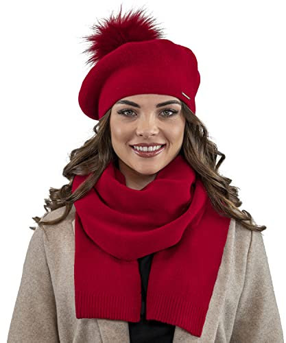 VIVISENCE Elegantes Damen Winter Set Aus Baskenmütze Mit Bommel Und Schal Aus Warmem Garn Mit Wollzusatz Perfekte Für Elegante Und Sportliche Outfits Ideal Für Kalte Wintertage, Rot,Einheitsgröße