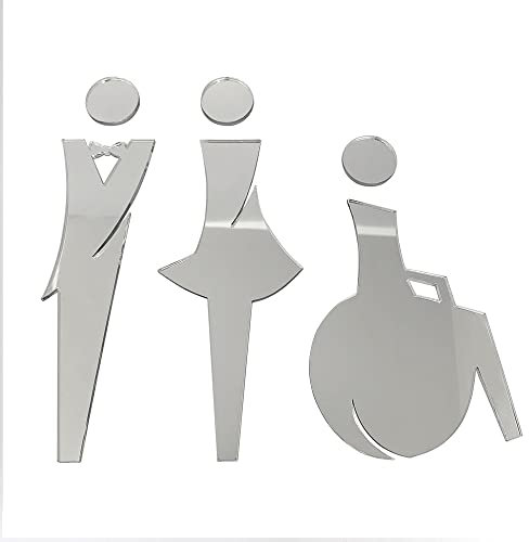 Pictogramme WC en relief. Plexi noir, blanc, miroir argent ou or. Lot de 3 plaques porte Toilettes hommes, femmes, handicapés autocollantes - Plexi miroir argent -