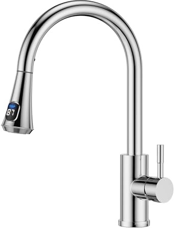 FORIOUS Stainless Steel Electric Tap Digital Kitchen Tap with LED Sprayer Head abd Temperature Digital Display for Bathroom Kitchen,Polished Chrome