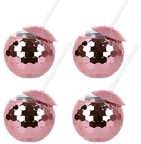 SUREH Disco-Ballbecher mit Deckel und Strohhalm, 590 ml, Disco-Flash-Ball-Becher, rotgoldfarben, kugelförmig, Cocktailbecher für Nachtclub, Disco, Bar, Partyzubehör