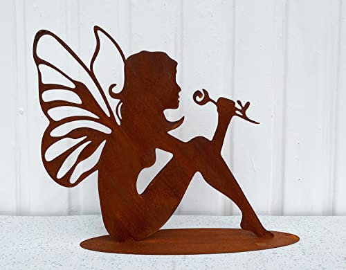 Gartenfigur Elfe riecht am Blume 40x38cm auf Platte Edelrost Gartendeko Wetterfest Rost Metall Rostfigur Fee Gartenelfe Gartenfee von Steinfigurenwelt